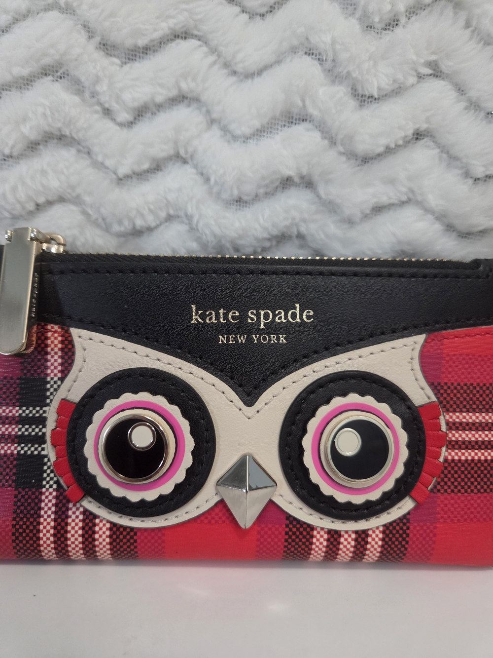 kate spade Blinks Red Plaid Owl Zip Card Holder New In Box - Picture 2 of 6